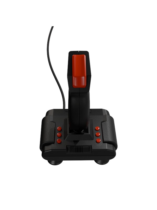 Black joystick controller with a red trigger button, featuring red action buttons and a textured grip, designed for retro gaming.
