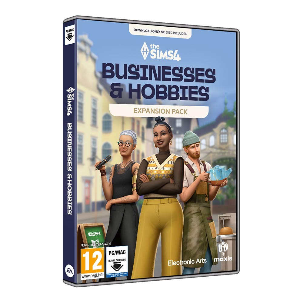 The Sims 4 Businesses & Hobbies Expansion Pack for PC features a colorful cover with three diverse Sims characters, showcasing various hobbies and a vibrant design.