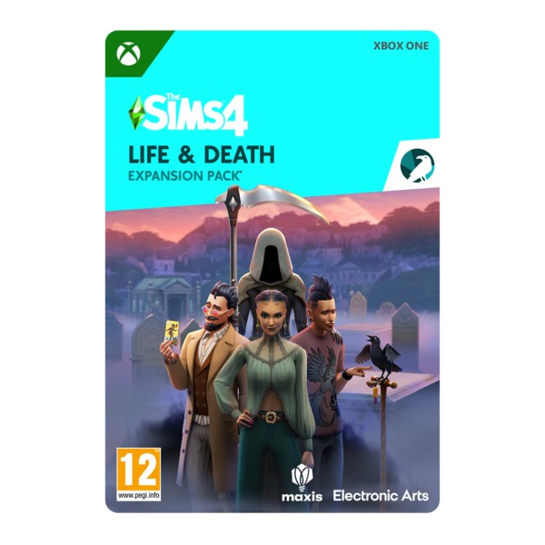 The Sims 4 Life & Death Expansion Pack for Xbox One features a vibrant green and blue cover with characters, including a grim reaper, set against a whimsical background.