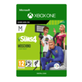 The Sims 4: Moschino Stuff Pack for Xbox One features vibrant green packaging, showcasing characters in stylish outfits and a photography light, with a digital download icon.