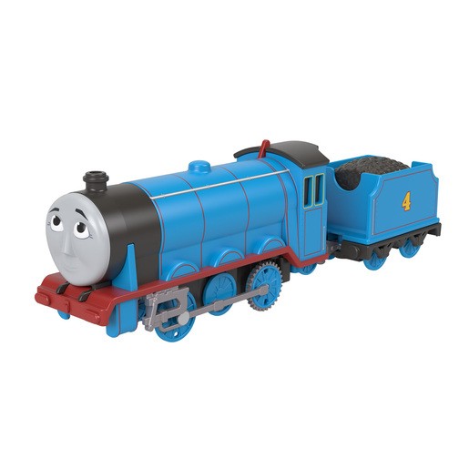 Classic blue plastic train toy featuring Gordon from Thomas & Friends, with a smiling face, red accents, and the number 4 on the tender.