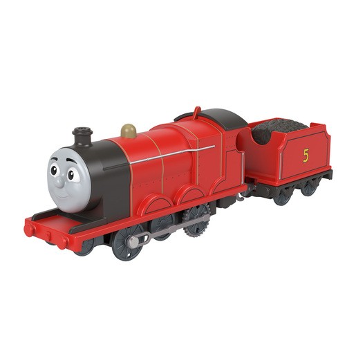 Motorized toy train in bright red with black accents, featuring a smiling face, a gold dome, and a coal tender marked with the number 5.