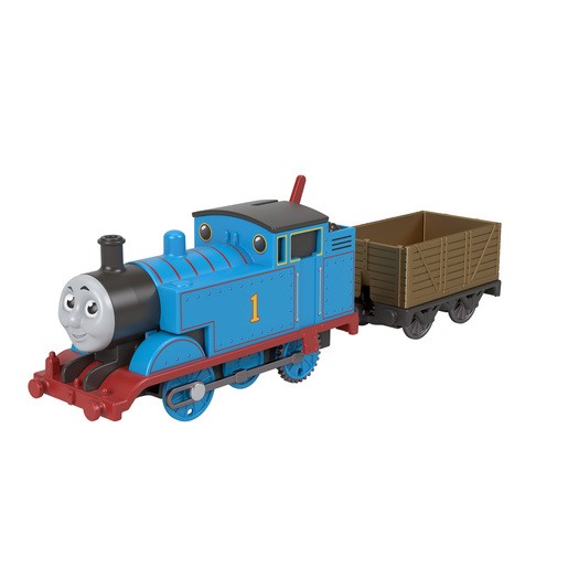 Classic blue Thomas train engine with a smiling face, red accents, black chimney, and a brown cargo car attached, made of durable plastic.