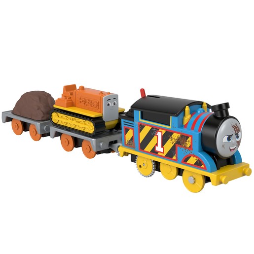 Motorized toy set featuring a blue and yellow Thomas train with a smiling face, pulling an orange Terence the Tractor with a brown load on a gray flatbed.