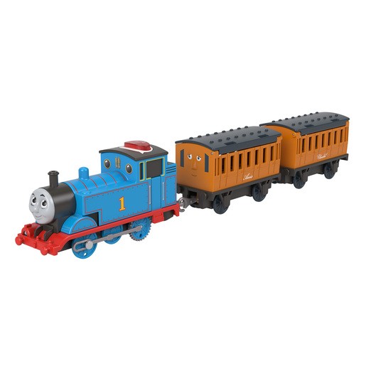 Bright blue talking train engine with red accents and smiling face, pulling two orange carriages with black roofs, designed for children’s play.