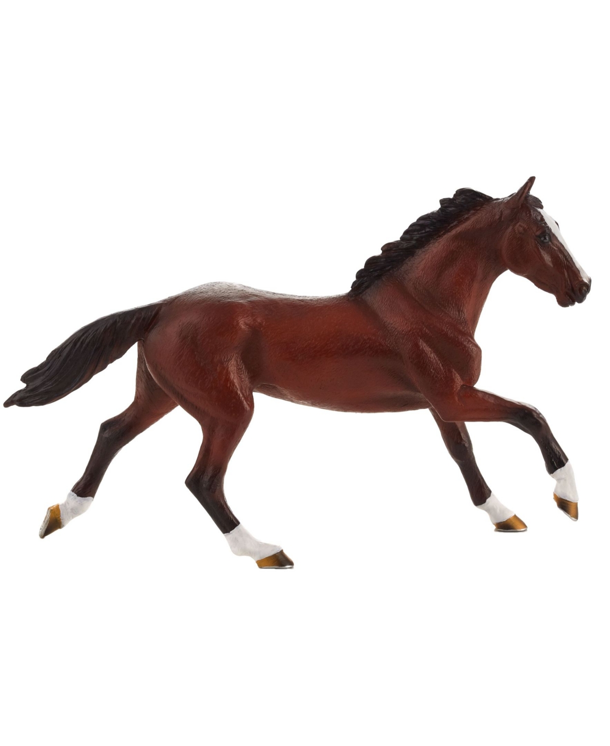 Brown thoroughbred horse model with a glossy finish, featuring a flowing black mane, white markings on its face and legs, and detailed hooves, made from durable plastic.