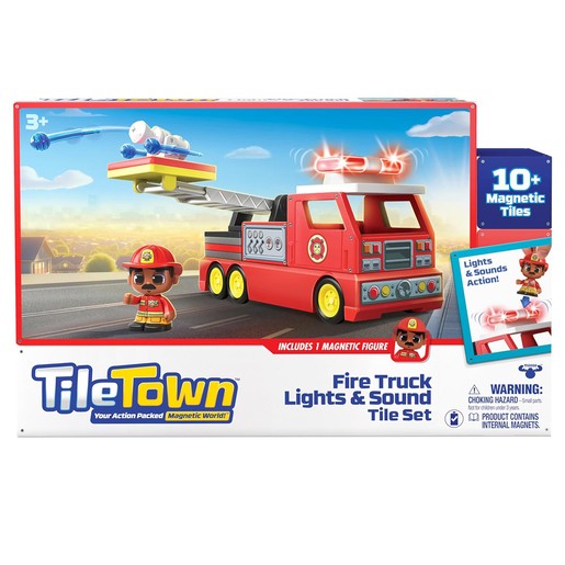 Bright red fire truck construction set with magnetic tiles, featuring a ladder, lights, sound effects, and a magnetic firefighter figure, suitable for ages 3 and up.