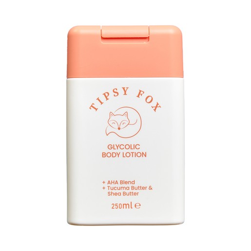 White bottle with a peach-colored flip-top lid, labeled "Tipsy Fox Glycolic Body Lotion" with details about AHA blend, Tucuma Butter, and Shea Butter, 250ml size.
