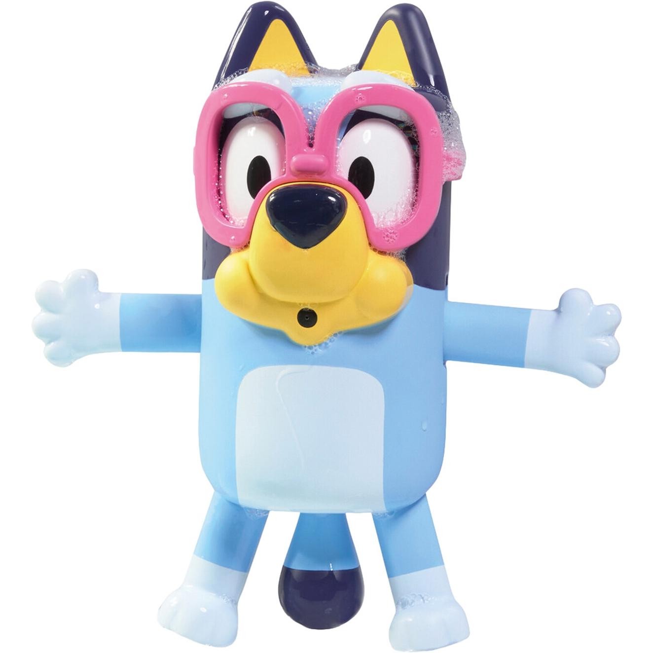 Bluey bath toy features a blue dog character with large eyes, wearing pink goggles, made of soft plastic, ideal for water play and bath time fun.