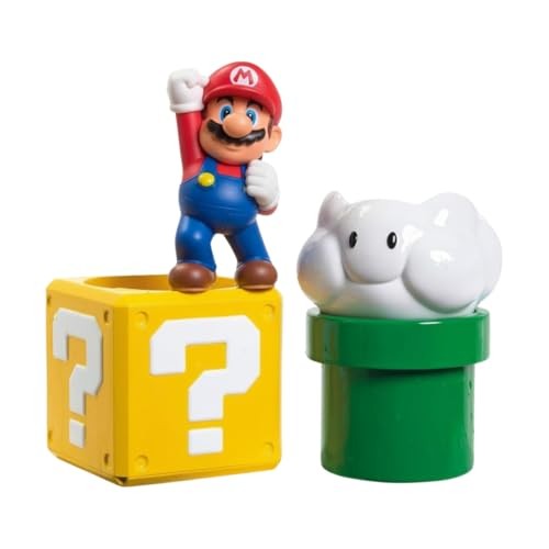 Bright yellow block with question mark, green pipe, and a Mario figure in red hat and blue overalls, all made from durable plastic, designed for bath play.