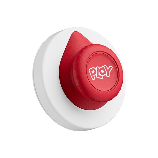 A round, white Tonieplay Controller with a prominent red play button, featuring a textured grip and the word "PLAY" in white on the button's surface.