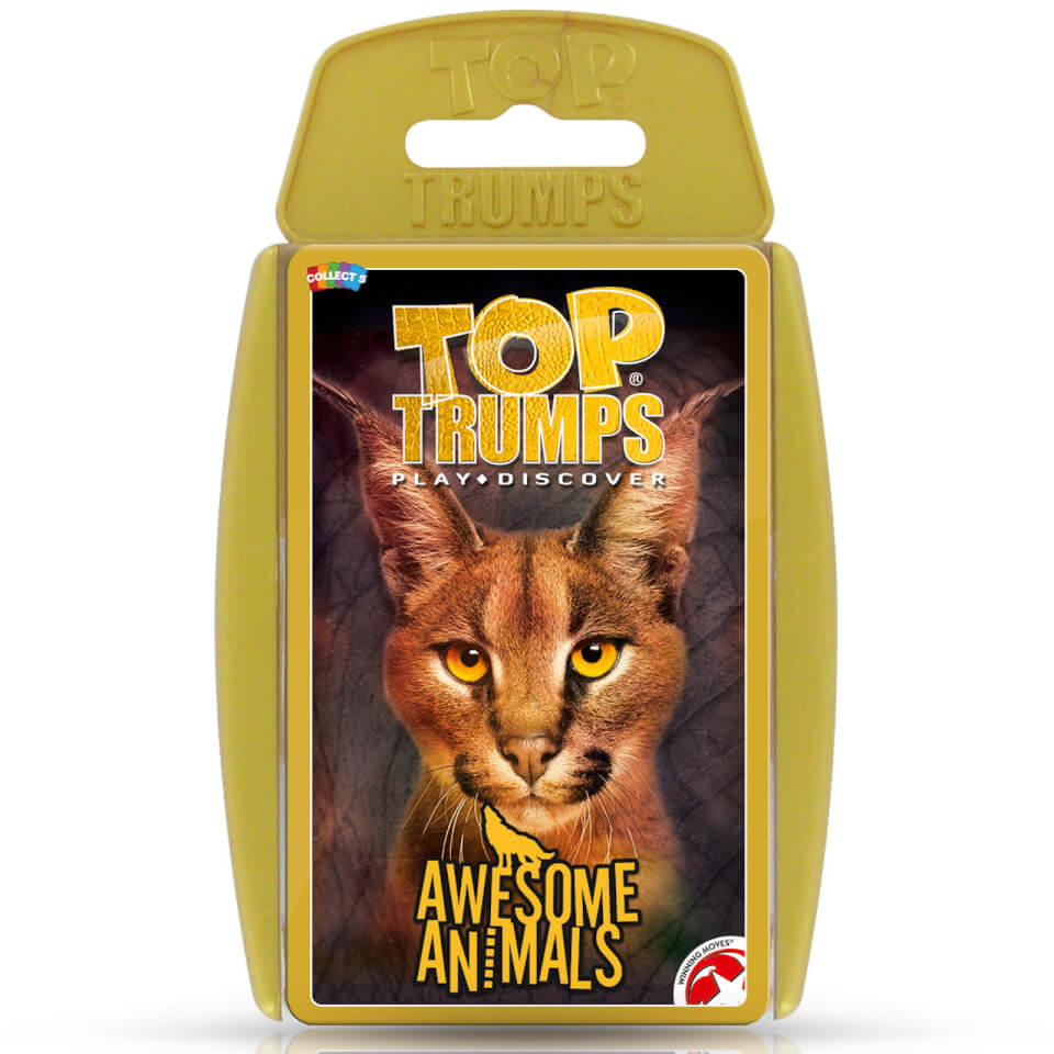 Colorful card game featuring a fierce-looking wildcat on the front, with bold yellow text reading "TOP TRUMPS" and "AWESOME ANIMALS," all housed in a yellow plastic case.