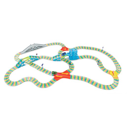 Colorful, flexible race track featuring winding paths, bridges, and ramps, designed for toy cars, made from durable plastic with a vibrant, multicolored design.