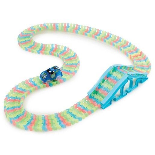 Colorful, flexible race track made of translucent plastic, featuring a blue ramp and two small cars, designed for imaginative play and easy assembly.