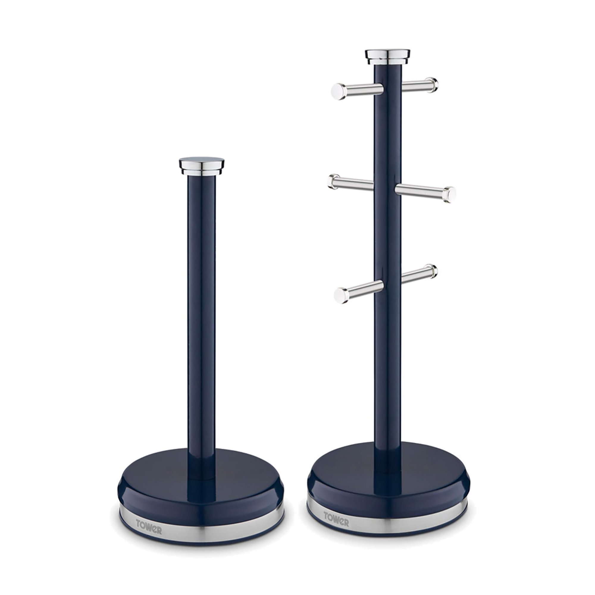 Midnight blue stainless steel mug tree and towel pole set with a sleek design, featuring a sturdy base and four polished chrome hooks for hanging mugs or towels.
