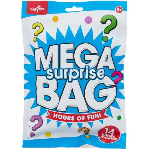 Bright blue bag with white and colorful question marks, labeled "MEGA surprise BAG" and "14 surprise toys inside," designed for children aged 3 and up.