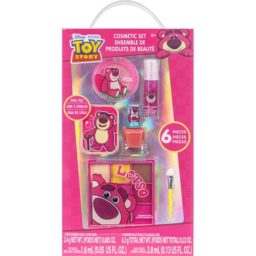 Cosmetic set featuring Lotso from Toy Story, includes nail polish, lip gloss, nail file, and a compact with a pink bear design, all in vibrant colors.
