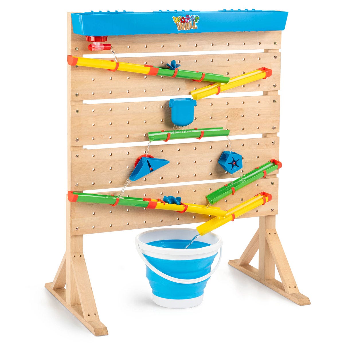 Colorful wooden water wall toy featuring a blue top, yellow and green water channels, and various colorful shapes, with a blue bucket at the bottom for collecting water.