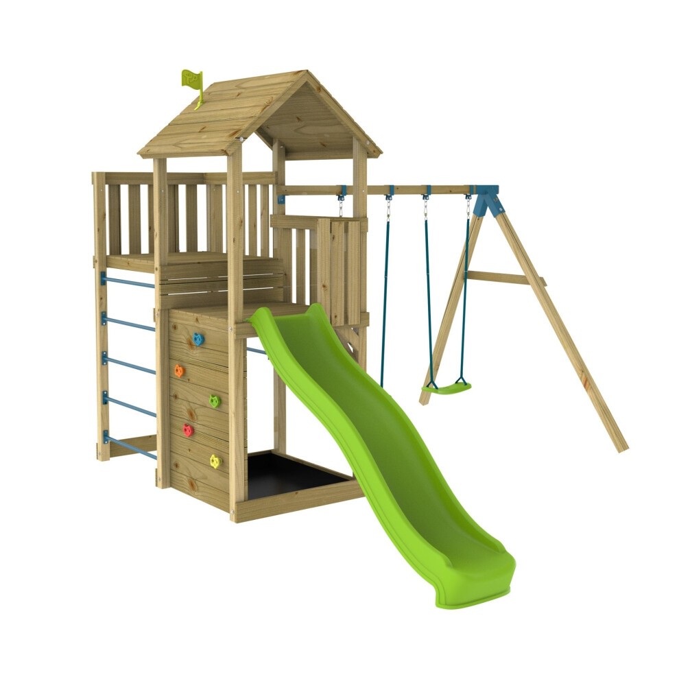 Wooden climbing frame in natural wood finish featuring a green ripple slide, a sky deck, double swing arm, and colorful climbing holds, all FSC certified for sustainability.