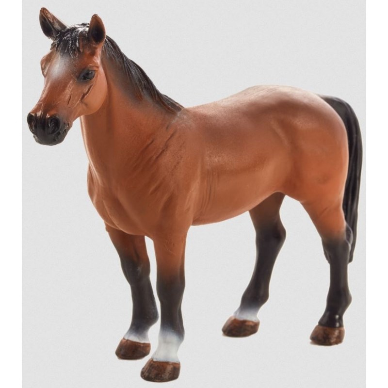 Brown Trakehner horse model with a glossy finish, featuring a black mane, detailed facial features, and a sturdy stance, made from durable plastic for play or display.
