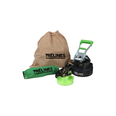 Hape Trelines Classic Slackline Kit 50 includes a green ratchet, black slackline, storage bag, and protective sleeve, all featuring the Trelines logo prominently.