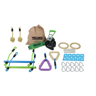 Colorful outdoor ninja warrior course kit featuring green and purple monkey bars, rings, carabiners, and a ratchet setup, designed for ages 5 and up with a 250lb capacity.