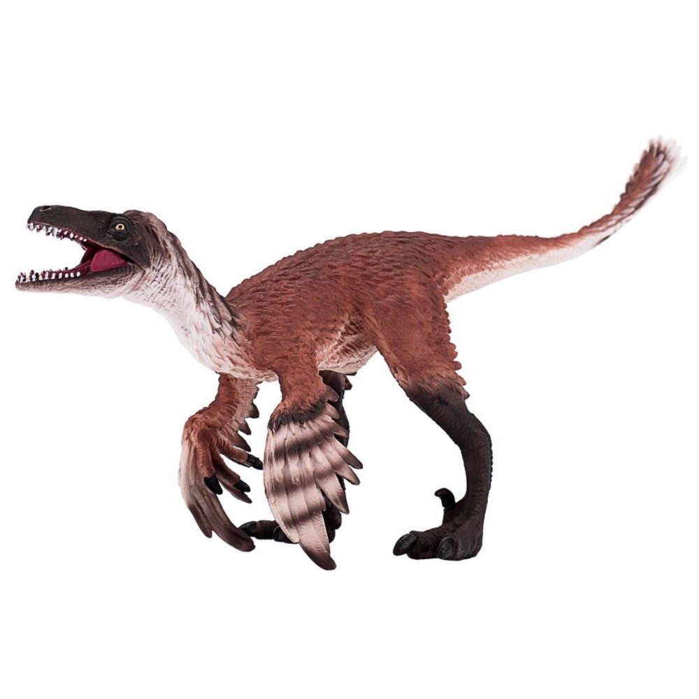 Troodon dinosaur toy figure with articulated jaw, featuring a brown and cream body, detailed feathers on its arms, and a fierce expression, made from durable plastic.