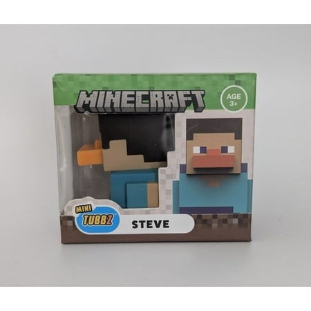 Tubbz Mini Duck Figure featuring a Minecraft character in a blue shirt and black hair, packaged in a clear box with a green and white Minecraft-themed design.