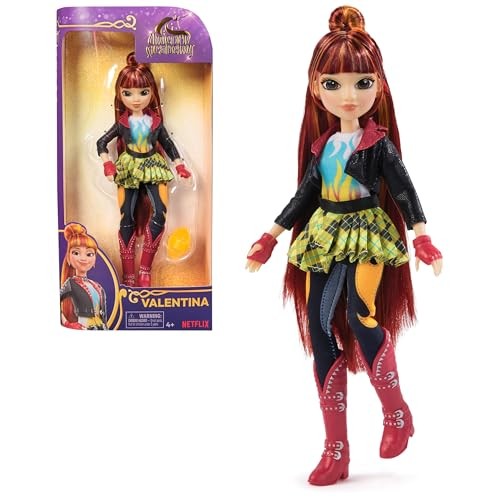 Valentina Fashion Doll features long red hair, a colorful outfit with a blue top, yellow plaid skirt, and red boots, packaged in a vibrant box with Unicorn Academy branding.