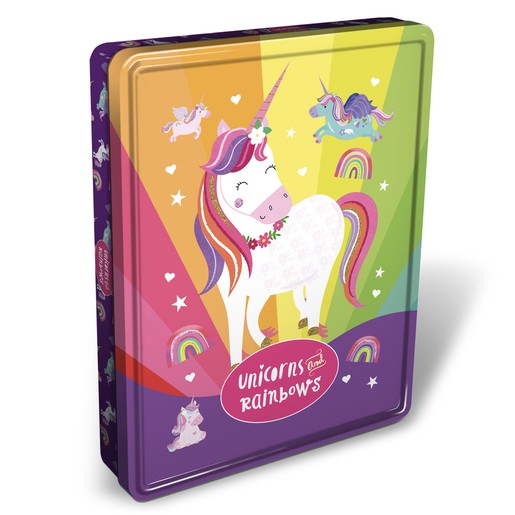 Colorful tin featuring a whimsical unicorn design with rainbows and stars, containing activity books, primarily in pastel colors of pink, purple, and yellow.