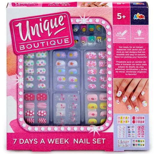 Colorful nail craft set featuring various nail stickers and designs, packaged in a pink box with playful graphics, suitable for ages 5 and up.
