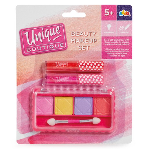 Colorful makeup set featuring four vibrant face paints in pink, yellow, and purple, two lip glosses, and applicators, all packaged in a clear plastic case with a pink background.