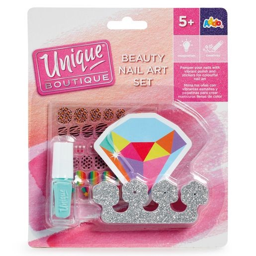 Colorful nail art craft set featuring a turquoise nail polish, various stickers including animal prints, a glittery crown holder, and a diamond-shaped design card, suitable for ages 5+.