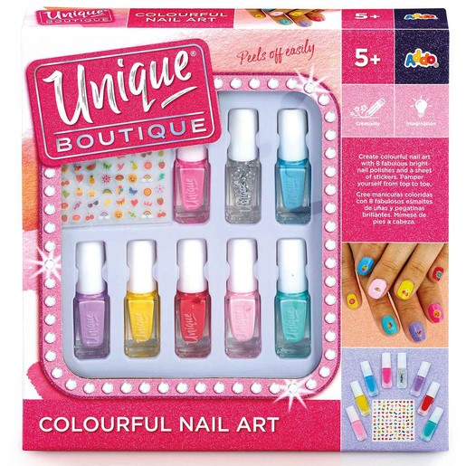 Colorful nail art craft set featuring eight small nail polish bottles in vibrant shades, including pink, blue, yellow, and glitter, with fun nail stickers included for decoration.
