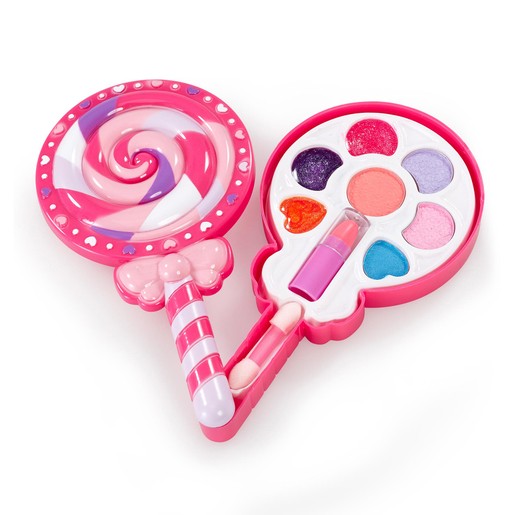 Colorful lollipop-shaped makeup set featuring a swirl design, with vibrant pinks, purples, and sparkles, including lip gloss and eyeshadow in a candy-themed case.
