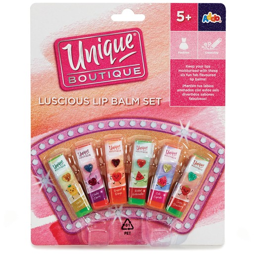Colorful lip balm tubes in a variety of flavors, featuring playful designs with hearts and fruits, packaged in a vibrant, sparkly card with the "Unique Boutique" logo.