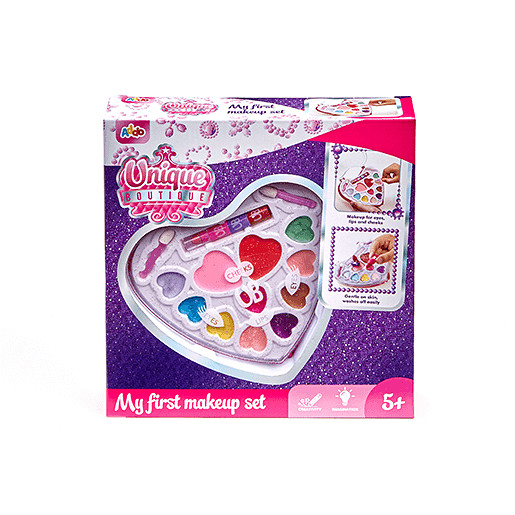 Colorful heart-shaped makeup set in a sparkly purple box, featuring various shades of eyeshadow, lip gloss, and applicators, designed for children aged 5 and up.