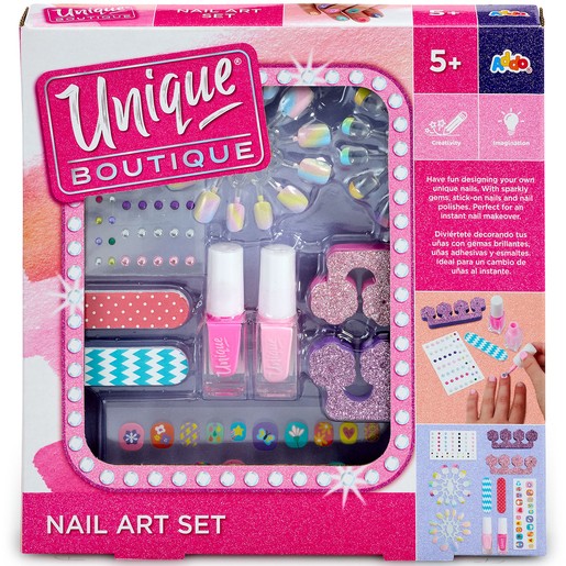 Colorful nail art craft set featuring pink nail polish, decorative stickers, gems, and various nail designs, all packaged in a vibrant box with a playful design.