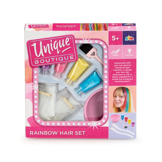 Colorful hair craft set featuring vibrant hair dyes in pink, blue, yellow, and purple, along with tools like brushes, a mixing bowl, and hair clips, designed for ages 5 and up.
