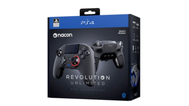 Black and grey "Unlimited Pro Controller" packaging featuring a sleek design, highlighted buttons, and a red accent, compatible with PS4, showcasing wired and wireless options.