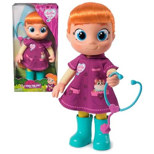 33cm doll named Vida the Vet with orange hair, big blue eyes, wearing a purple dress with animal print, green rubber boots, and holding a turquoise stethoscope.