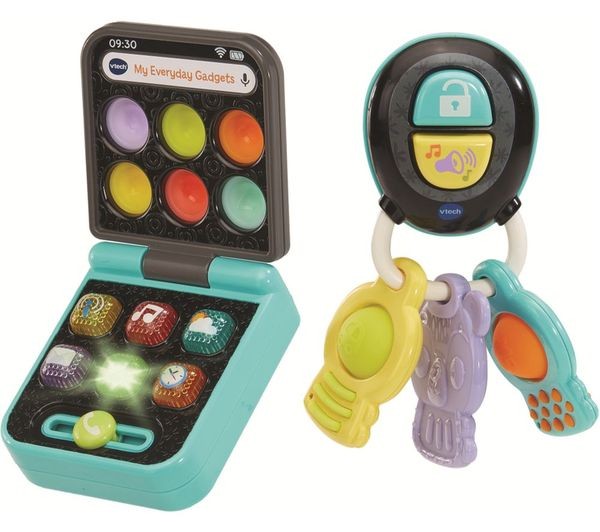 Colorful VTech Baby My Everyday Gadgets Sensory Toy featuring a laptop with colorful buttons and a key ring with four textured keys, designed for interactive play.