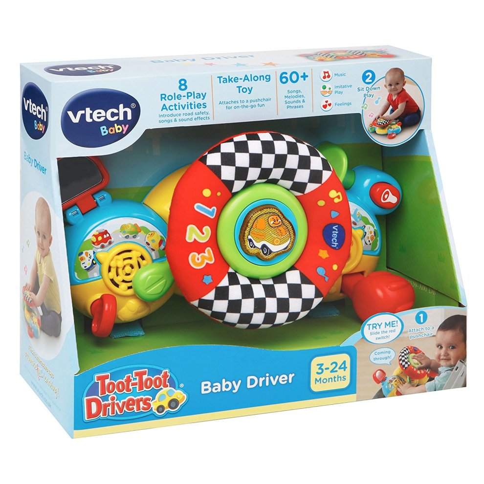 Colorful toy set featuring a steering wheel with checkered pattern, buttons for sounds, and a small car, designed for babies aged 3-24 months with role-play activities.