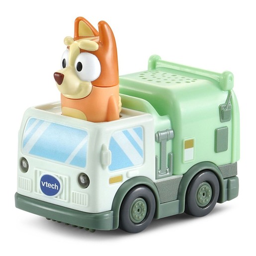 Bluey-themed toy garbage truck in green and white with a smiling orange dog figure, featuring wheels, windows, and a playful design, ideal for young children.