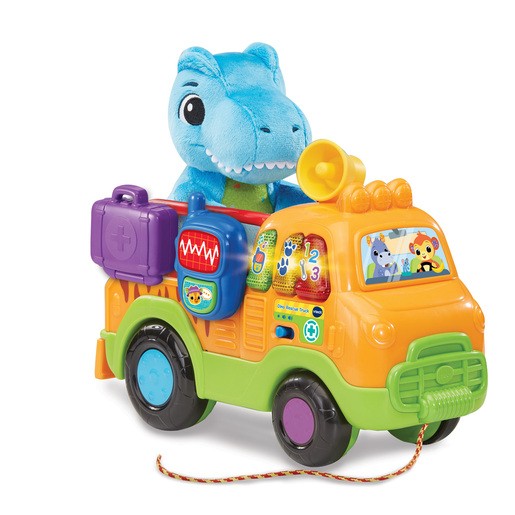 Colorful toy truck in orange and green with a blue dinosaur plush, featuring buttons, a horn, and a pull string, designed for interactive play.