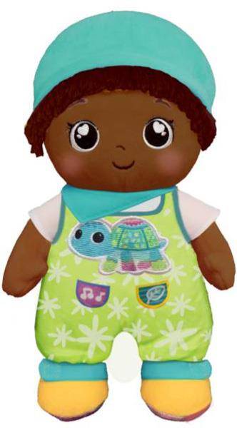 Soft plush doll with brown skin, wearing a turquoise hat and green overalls featuring a turtle design, complete with bright yellow shoes and a cheerful smile.