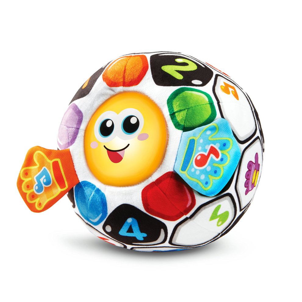 Soft, plush football toy with a smiling yellow face, colorful numbered panels, and musical buttons on each side for interactive play.