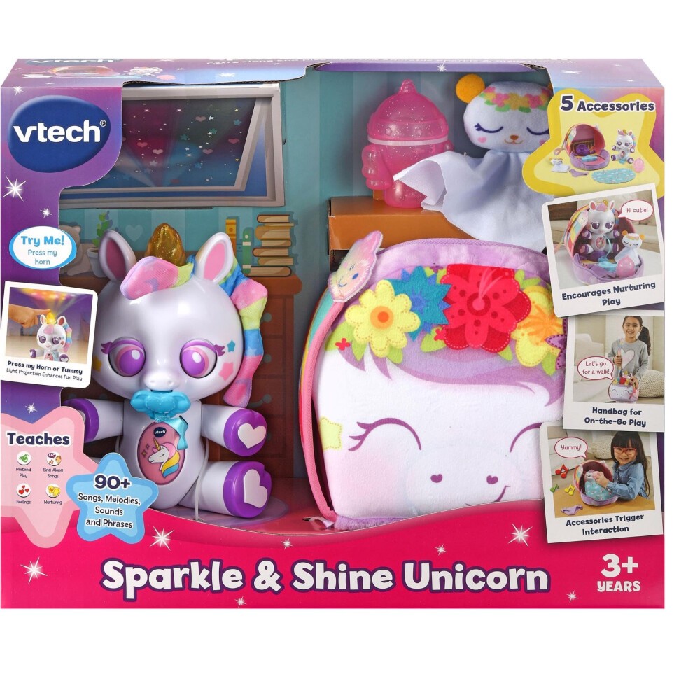 Colorful VTech Sparkle & Shine Unicorn toy with a shiny, pastel-colored body, heart-shaped buttons, and five accessories, including a plush pillow and a small character.
