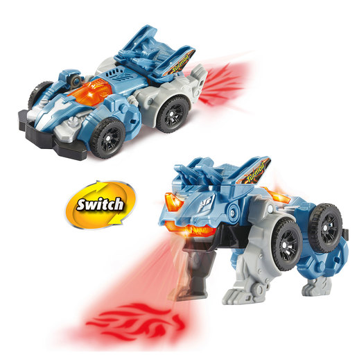 Blue and gray transforming toy dinosaur, Turmoil the Triceratops, features wheels for vehicle mode, glowing eyes, and a switch to alternate between dinosaur and car forms.