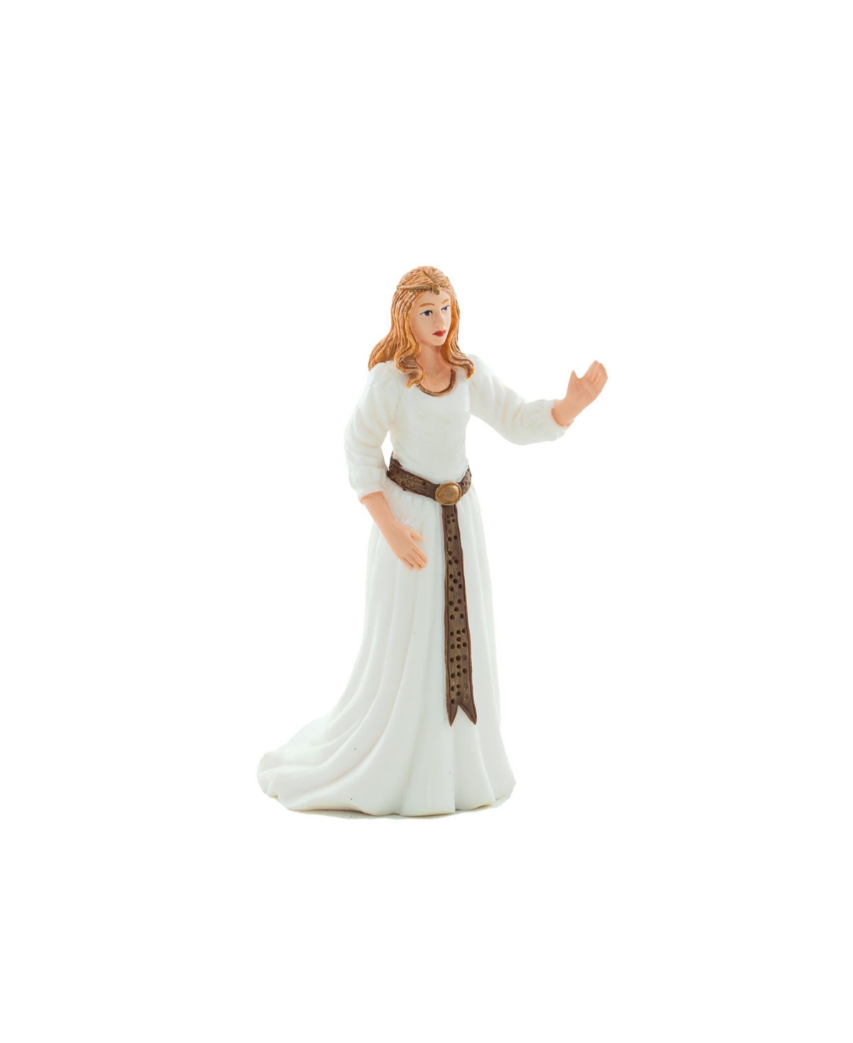 Realistic fantasy figurine of a white princess, featuring a flowing white gown, a brown belt, and long, wavy blonde hair, with an outstretched hand and detailed facial features.